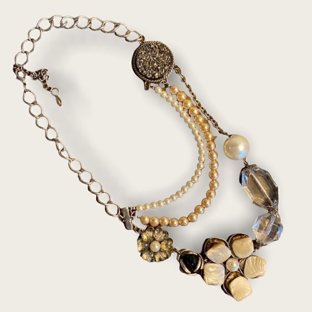 Vintage Silver Tone Statement Necklace with Faux Pearls and Rhinestones.
